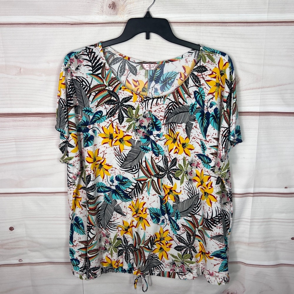 Amana Top Womens 3X Multicolor Floral Blouse Scoop‎ Neck Tunic Drawstring Waist